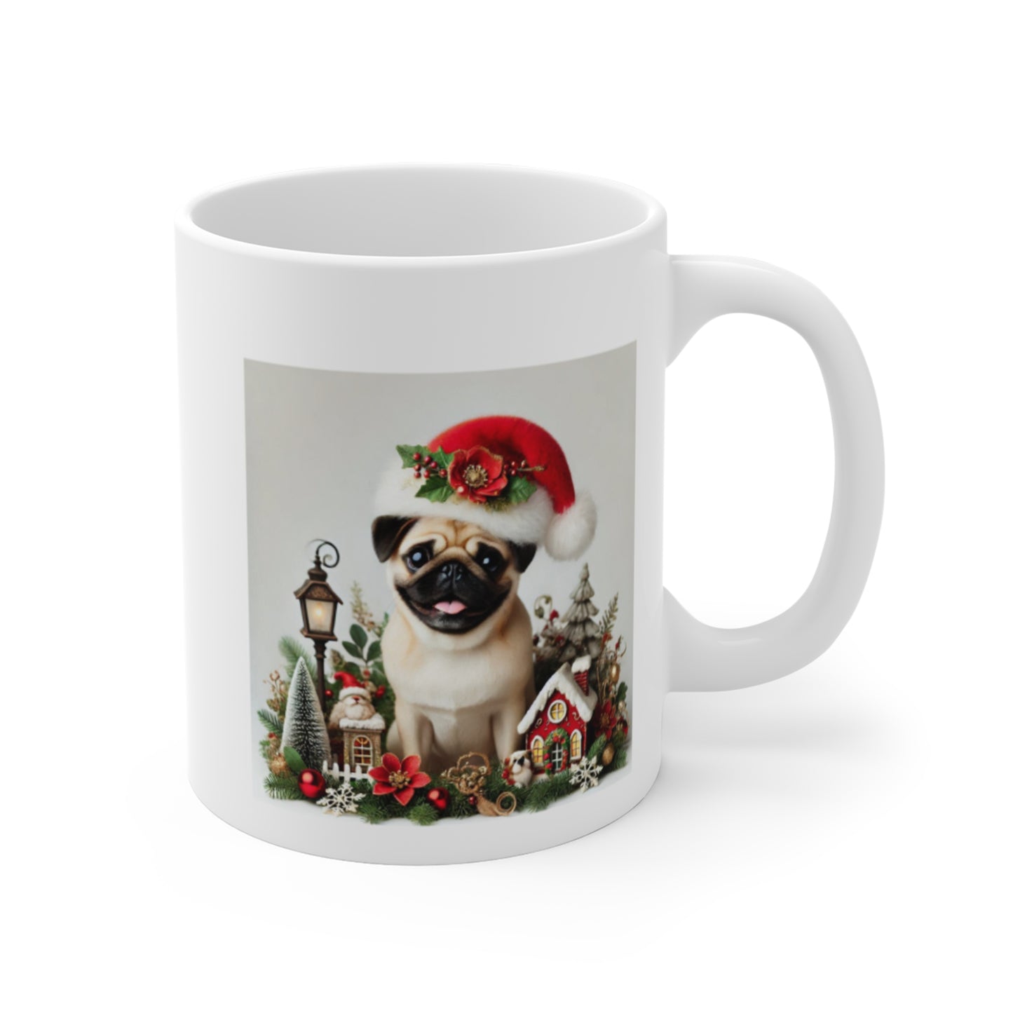 Christmas Pug Mug — Cute Pug in Santa Hat Holiday Coffee Cup (11oz)