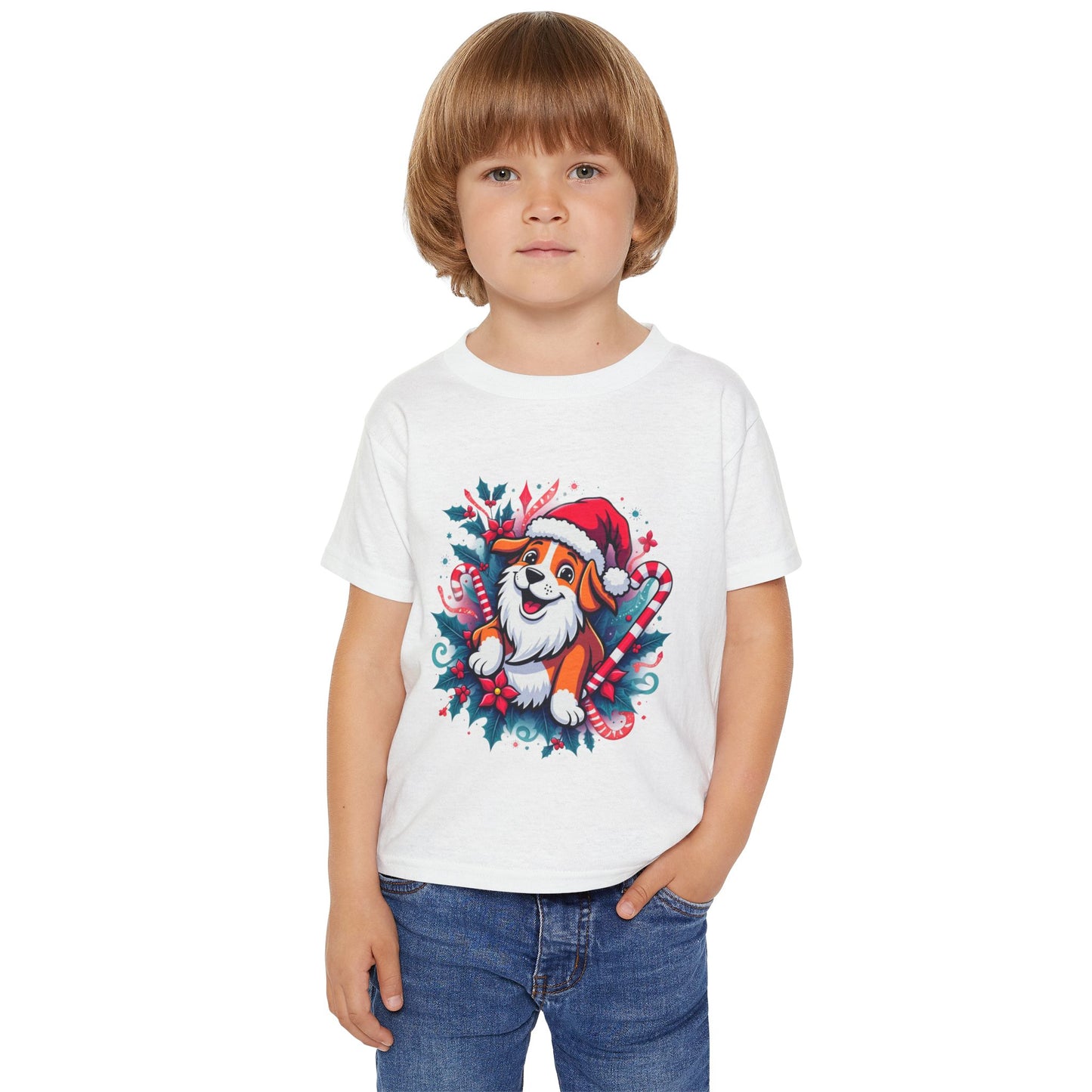 Toddler T-Shirt — Cute Christmas Dog in Santa Hat with Candy Canes