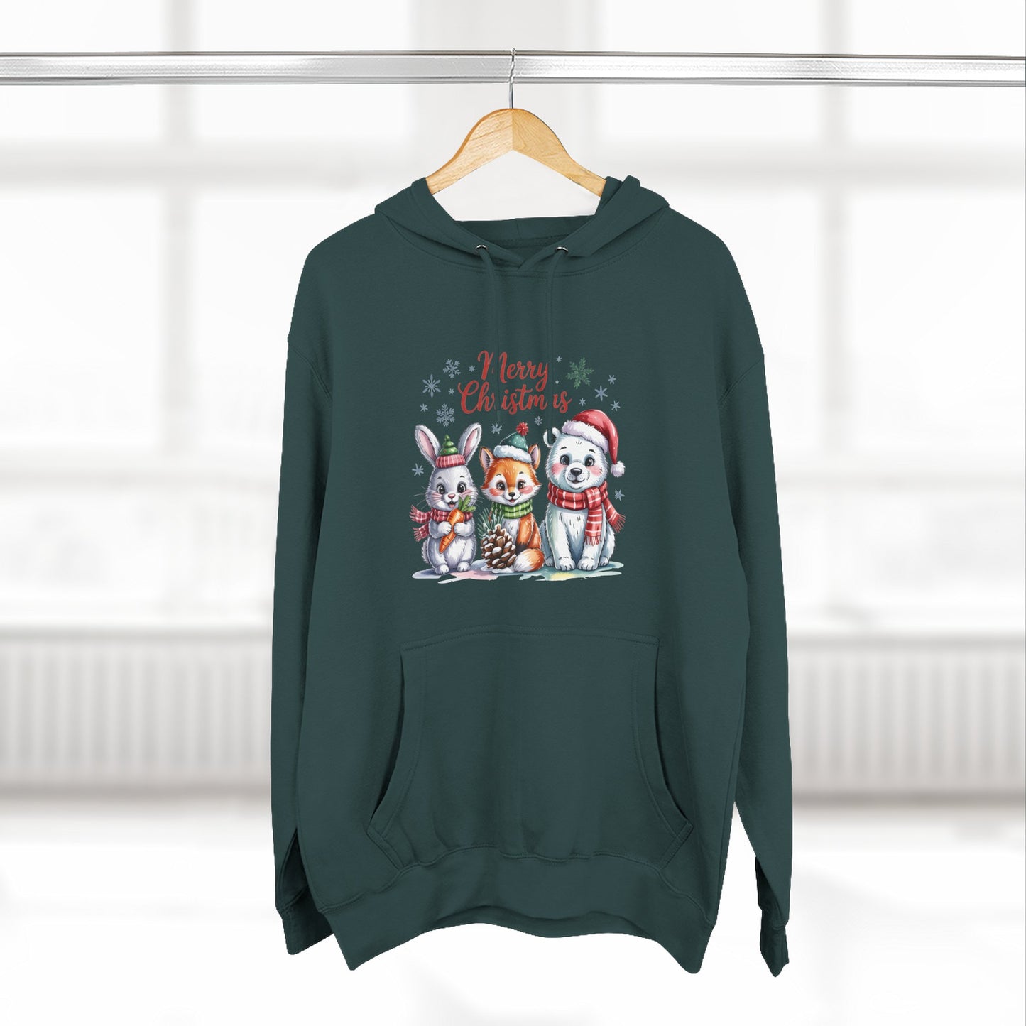 Christmas Animals Hoodie — Cute Bunny, Fox & Puppy "Merry Christmas" Fleece Pullover