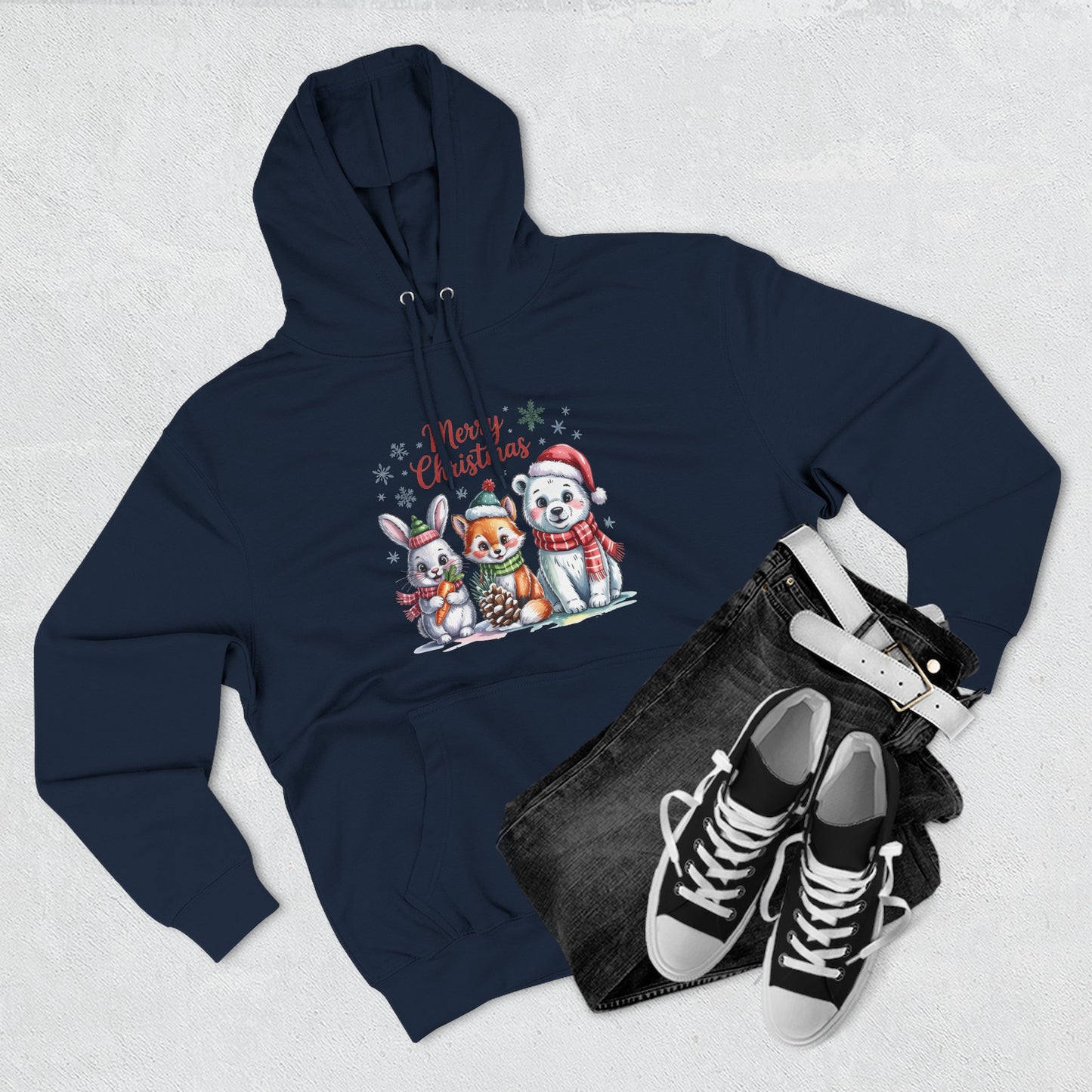 Christmas Animals Hoodie — Cute Bunny, Fox & Puppy "Merry Christmas" Fleece Pullover