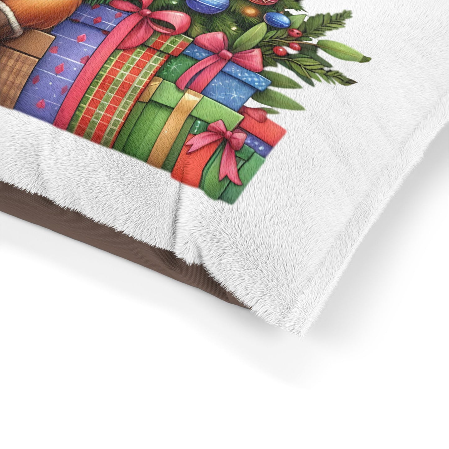 Christmas Fox Pet Bed — Festive Holiday Dog & Cat Cushion with Presents and Tree