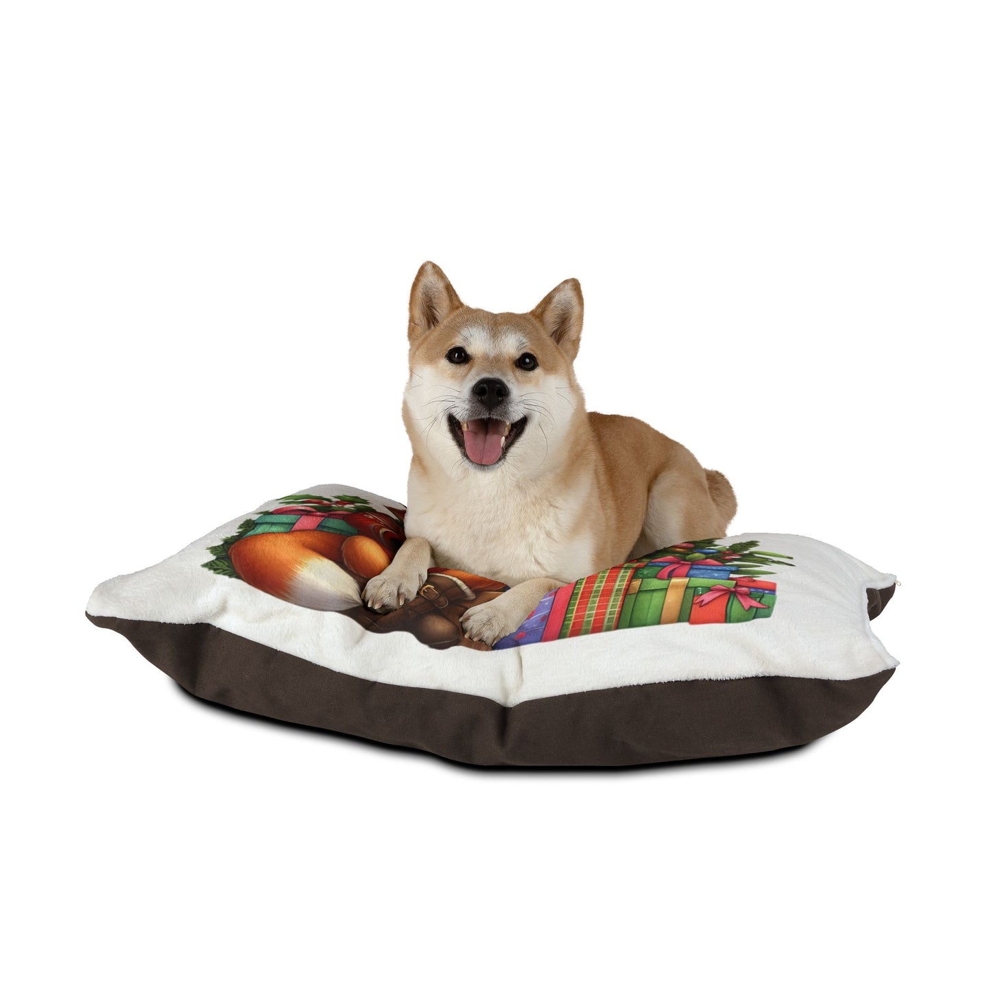 Christmas Fox Pet Bed — Festive Holiday Dog & Cat Cushion with Presents and Tree