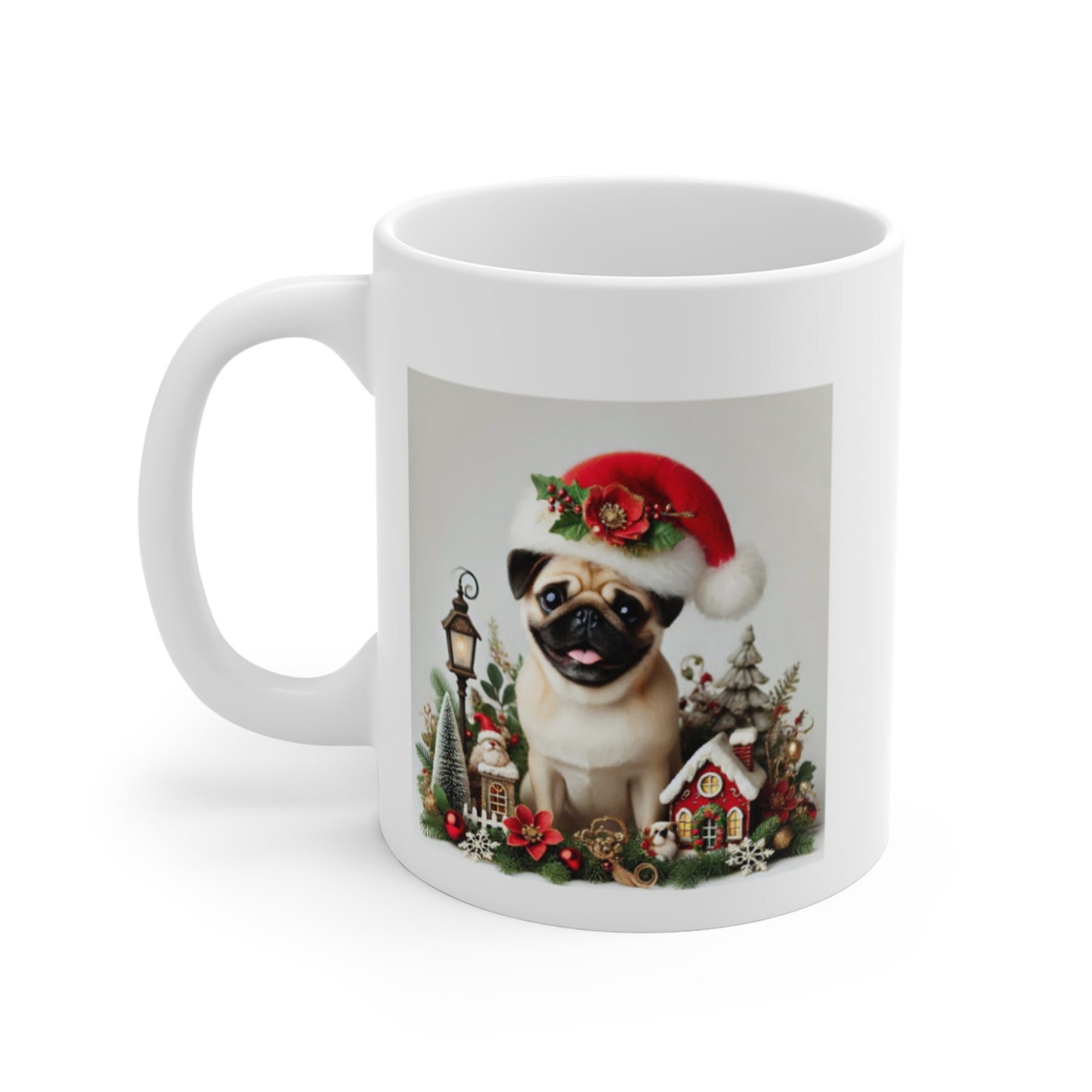 Christmas Pug Mug — Cute Pug in Santa Hat Holiday Coffee Cup (11oz)
