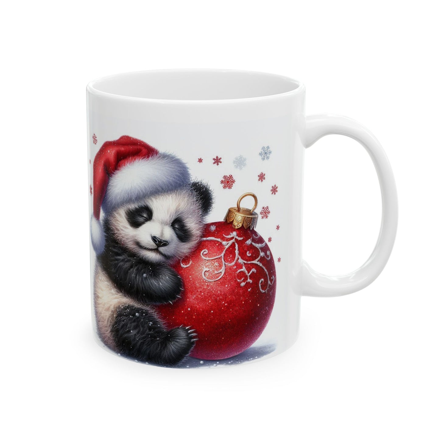 Cute Panda Christmas Mug — Holiday Santa Hat & Ornament Ceramic Coffee Cup (11oz, 15oz)