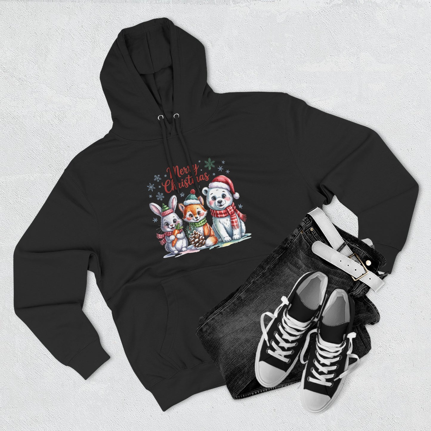 Christmas Animals Hoodie — Cute Bunny, Fox & Puppy "Merry Christmas" Fleece Pullover