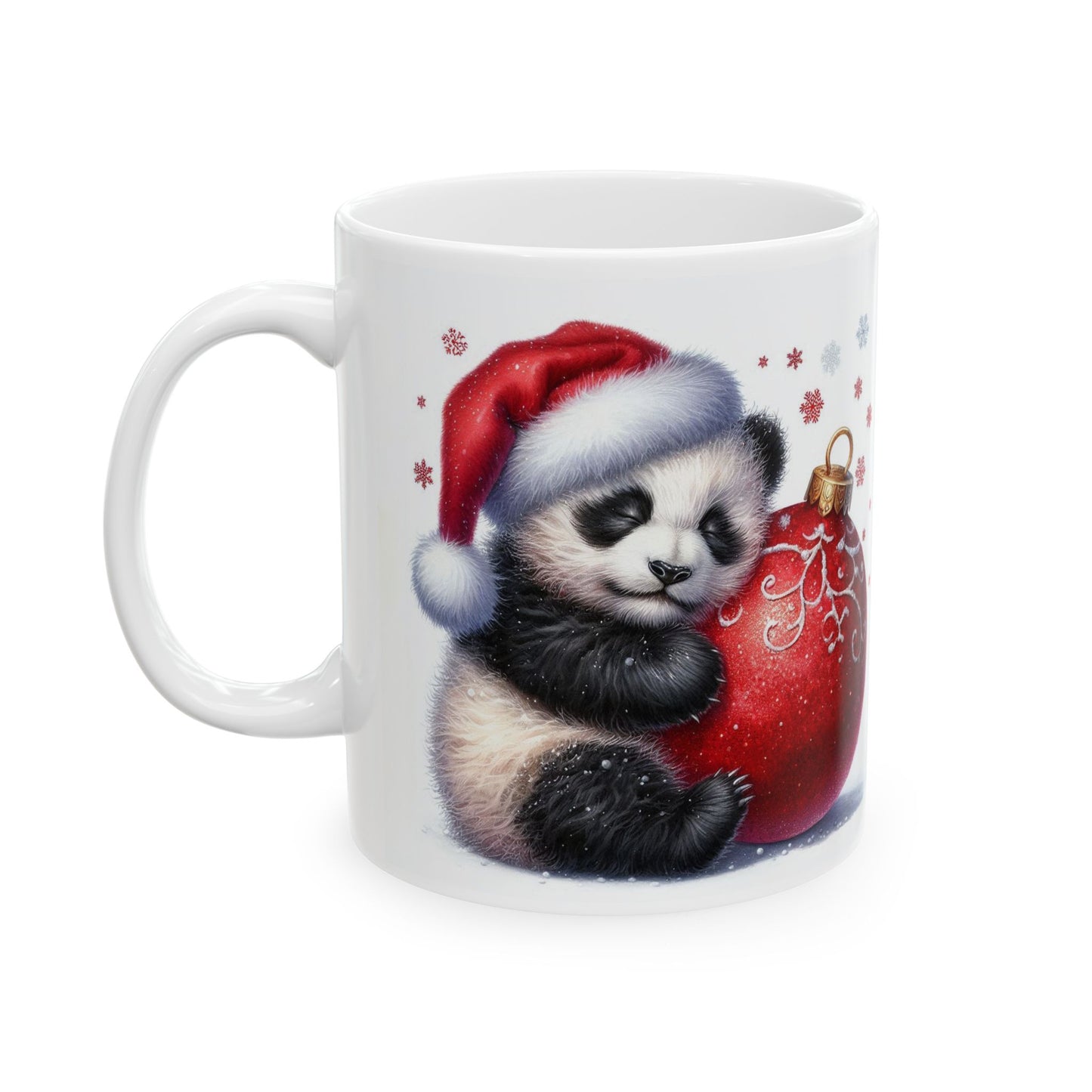 Cute Panda Christmas Mug — Holiday Santa Hat & Ornament Ceramic Coffee Cup (11oz, 15oz)