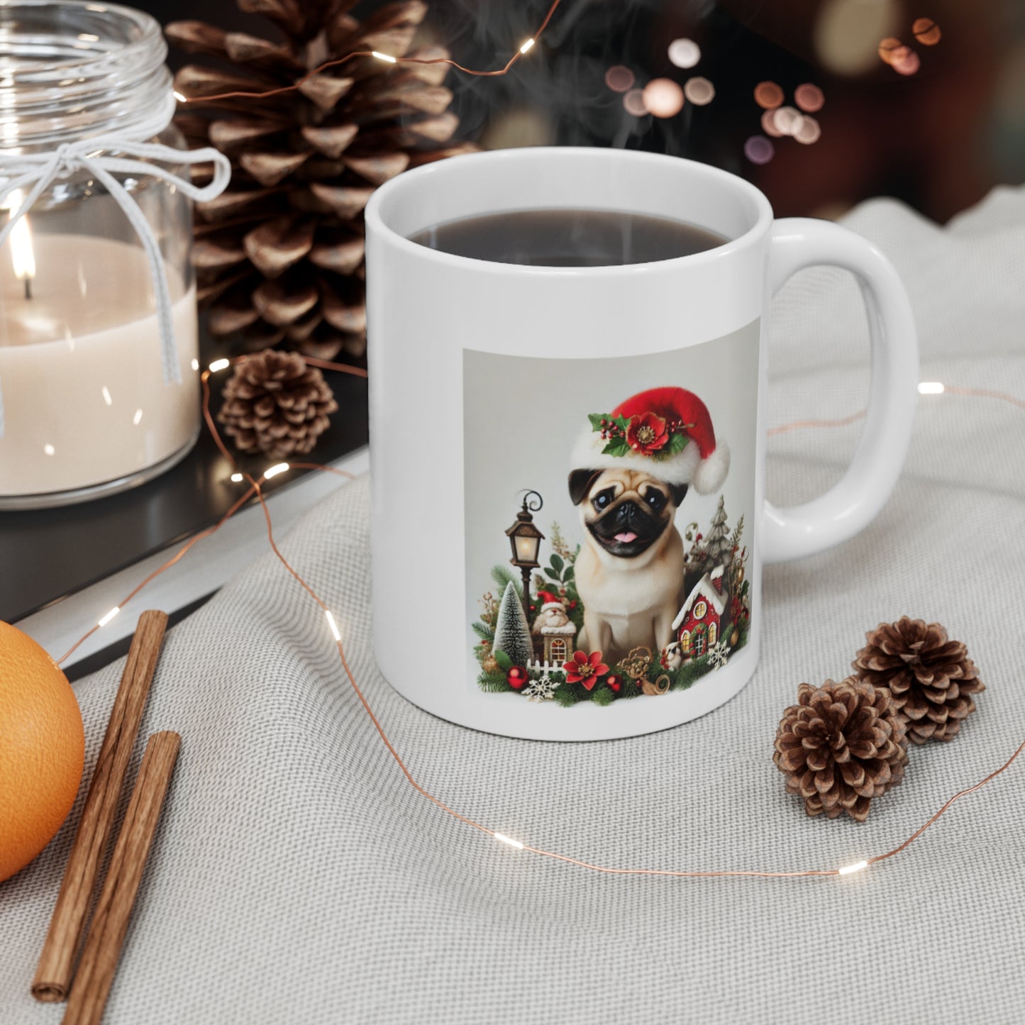 Christmas Pug Mug — Cute Pug in Santa Hat Holiday Coffee Cup (11oz)