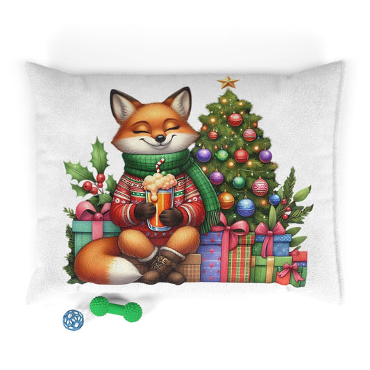 Christmas Fox Pet Bed — Festive Holiday Dog & Cat Cushion with Presents and Tree