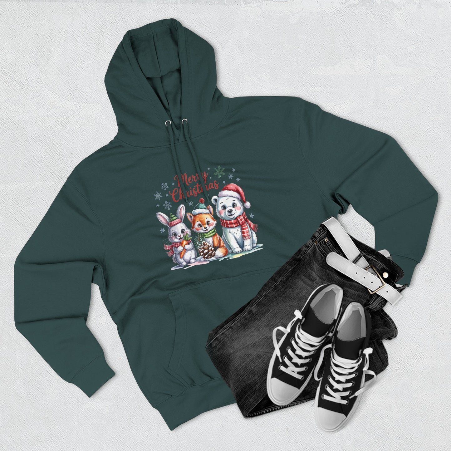 Christmas Animals Hoodie — Cute Bunny, Fox & Puppy "Merry Christmas" Fleece Pullover